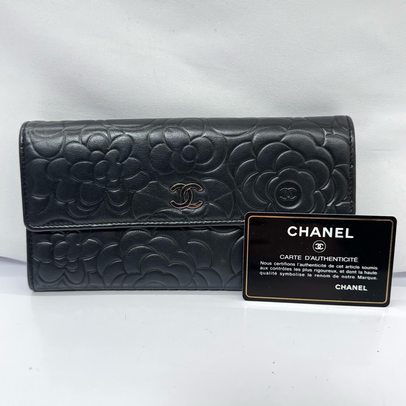 CHANEL  香奈兒 山茶花黑色長夾NO.17 W/CARD 17655699-0