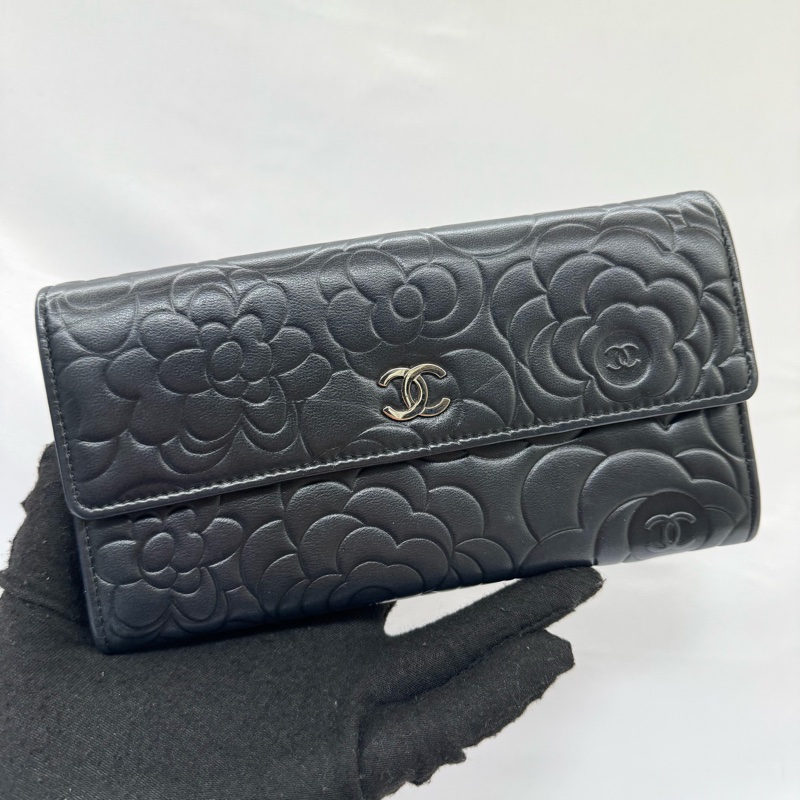 CHANEL  香奈兒 山茶花黑色長夾NO.17 W/CARD 17655699-1