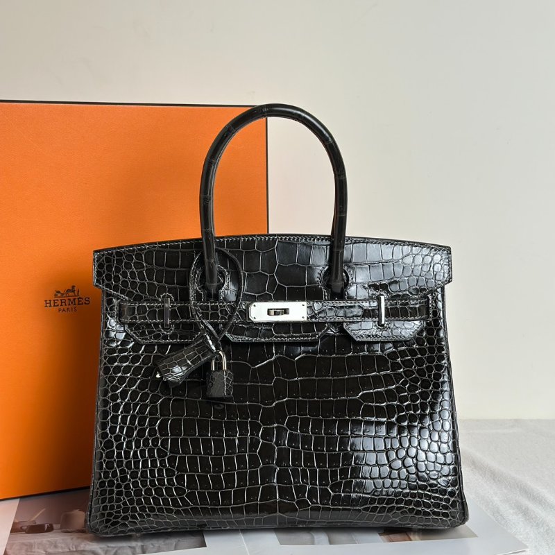 HERMES Birkin 30 亮面鱷魚皮 - 黑銀 🅁-0