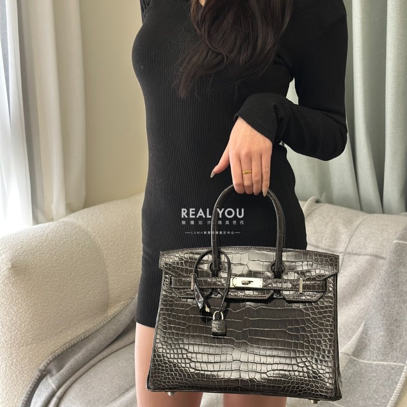 HERMES Birkin 30 亮面鱷魚皮 - 黑銀 🅁-1