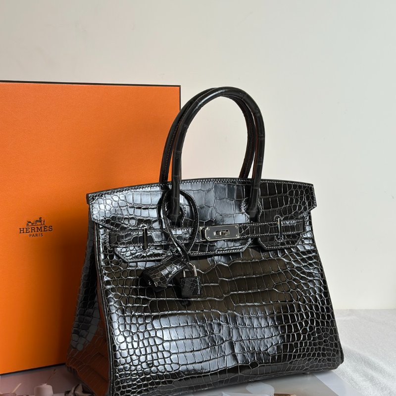 HERMES Birkin 30 亮面鱷魚皮 - 黑銀 🅁-2