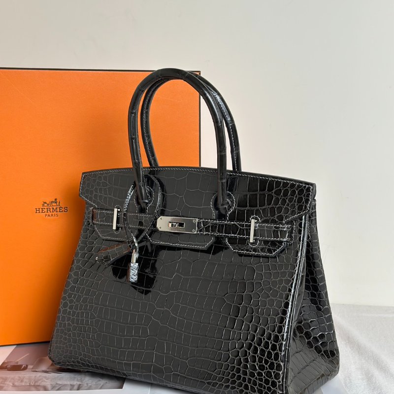 HERMES Birkin 30 亮面鱷魚皮 - 黑銀 🅁-3
