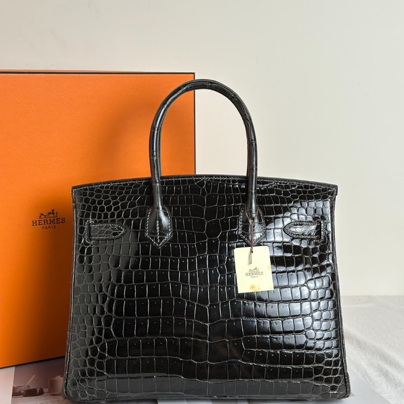 HERMES Birkin 30 亮面鱷魚皮 - 黑銀 🅁-4