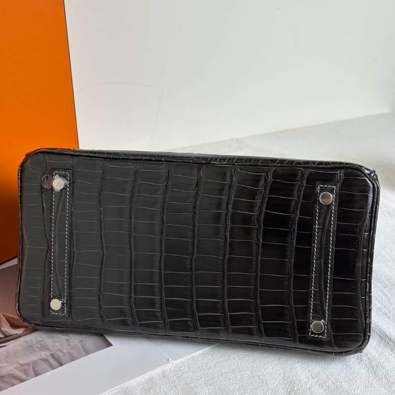 HERMES Birkin 30 亮面鱷魚皮 - 黑銀 🅁-5