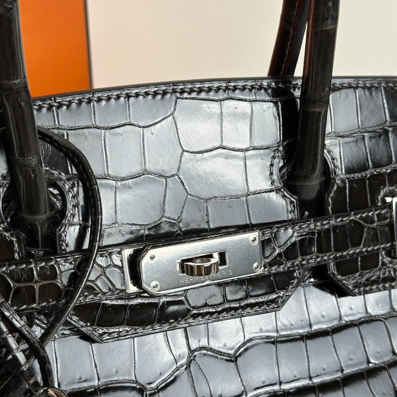 HERMES Birkin 30 亮面鱷魚皮 - 黑銀 🅁-6