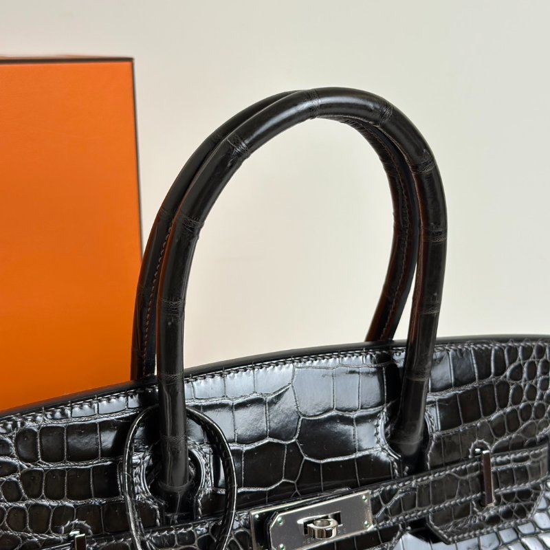 HERMES Birkin 30 亮面鱷魚皮 - 黑銀 🅁-7