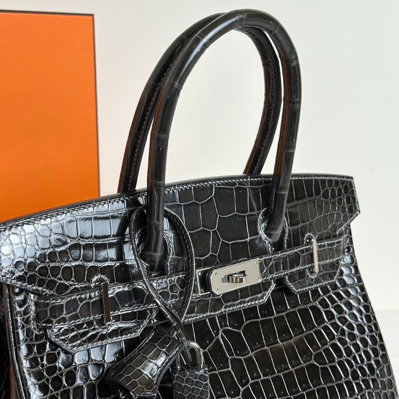 HERMES Birkin 30 亮面鱷魚皮 - 黑銀 🅁-8
