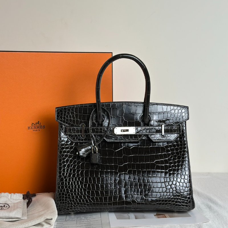 HERMES Birkin 30 亮面鱷魚皮 - 黑銀 🅁-10