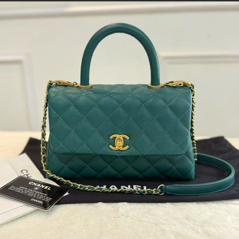 CHANEL香奈兒 Coco Handle 小號 翡翠綠金扣 荔枝紋牛皮 手柄壓花 可拆卸肩帶 經典菱格口蓋包 時尚單肩手提包 女款 現貨-0