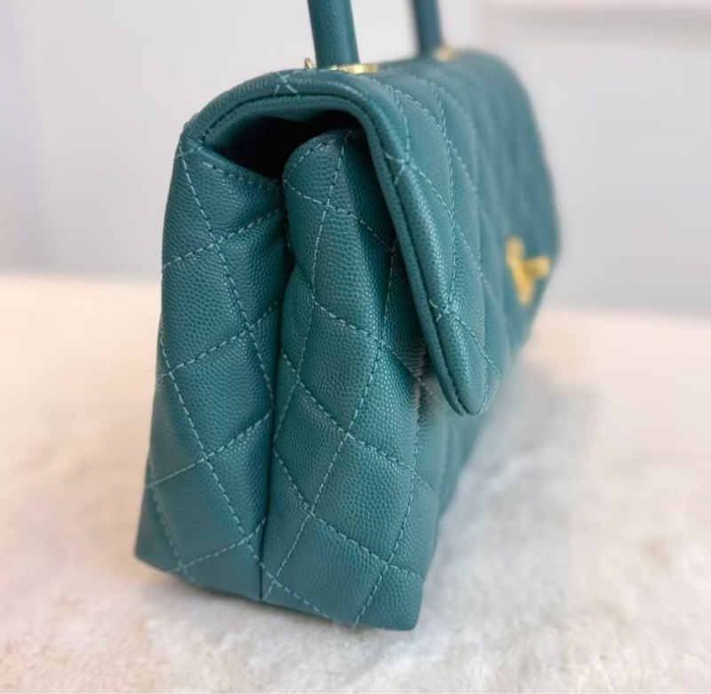 CHANEL香奈兒 Coco Handle 小號 翡翠綠金扣 荔枝紋牛皮 手柄壓花 可拆卸肩帶 經典菱格口蓋包 時尚單肩手提包 女款 現貨-2