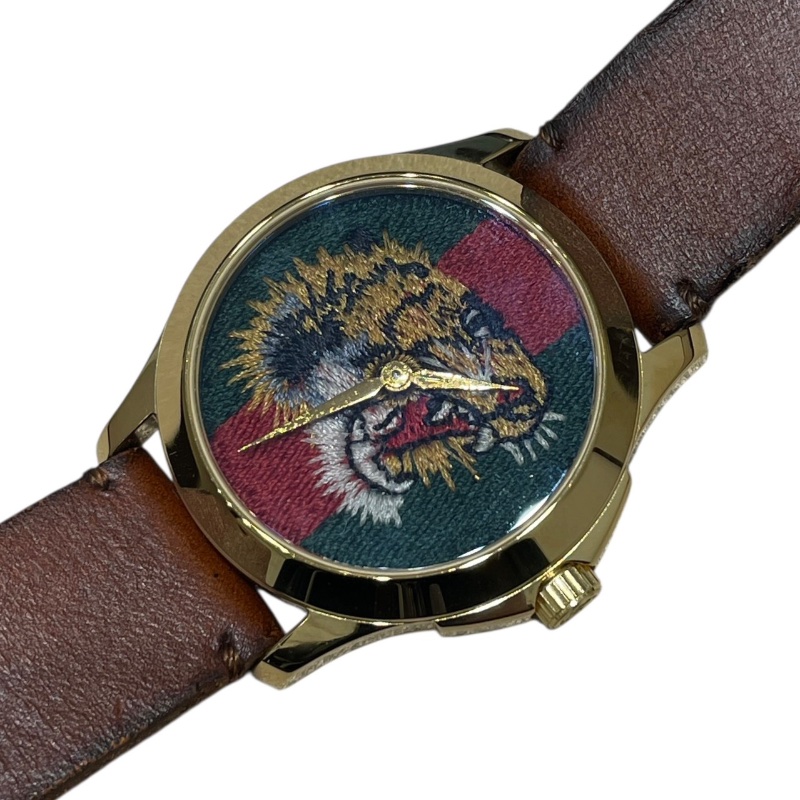 GUCCI 古馳 G-TIMELESS YA126497 38mm 虎頭系列 石英腕錶 皮革 棕色 金色-0