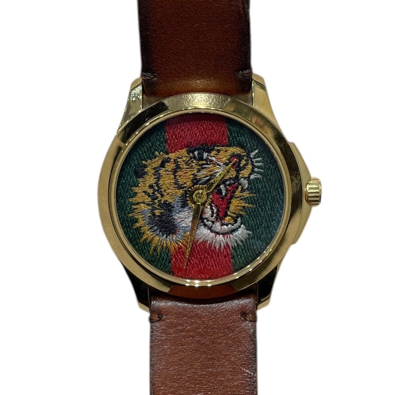 GUCCI 古馳 G-TIMELESS YA126497 38mm 虎頭系列 石英腕錶 皮革 棕色 金色-1