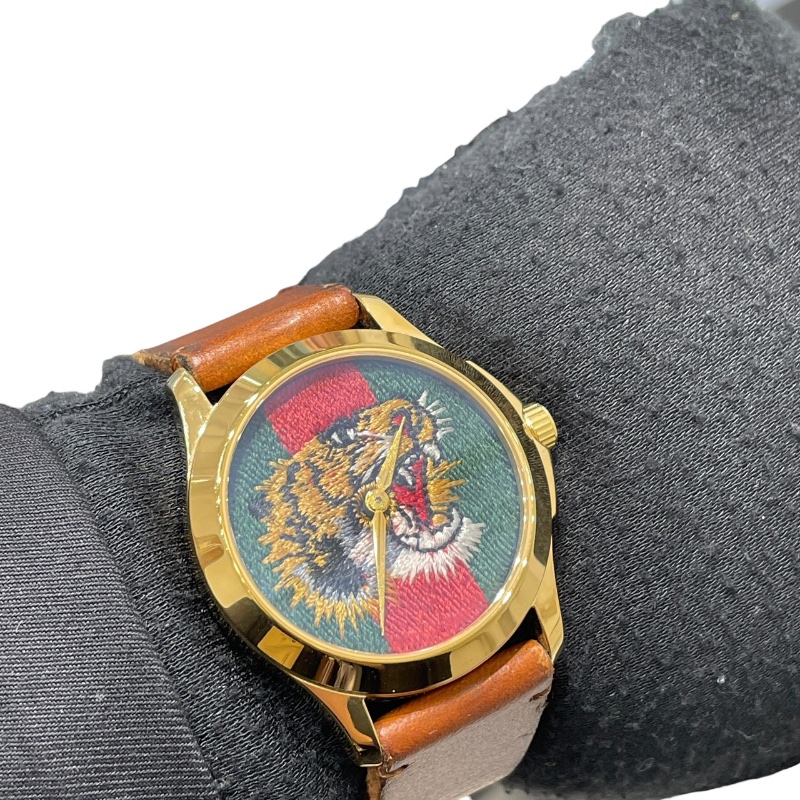 GUCCI 古馳 G-TIMELESS YA126497 38mm 虎頭系列 石英腕錶 皮革 棕色 金色-10
