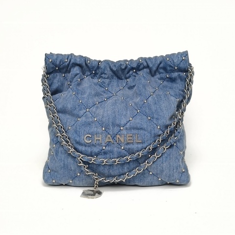 CHANEL 22BagTote托特包小號藍色牛仔晶片開銀扣肩背包
