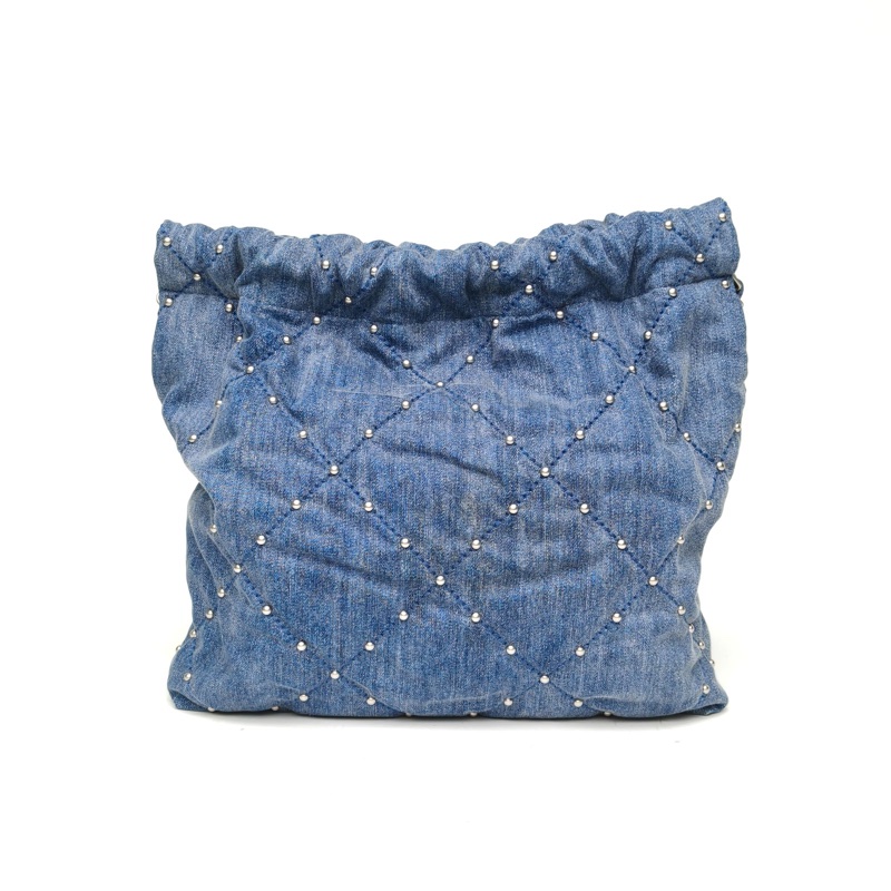 CHANEL 22BagTote托特包小號藍色牛仔晶片開銀扣肩背包-2