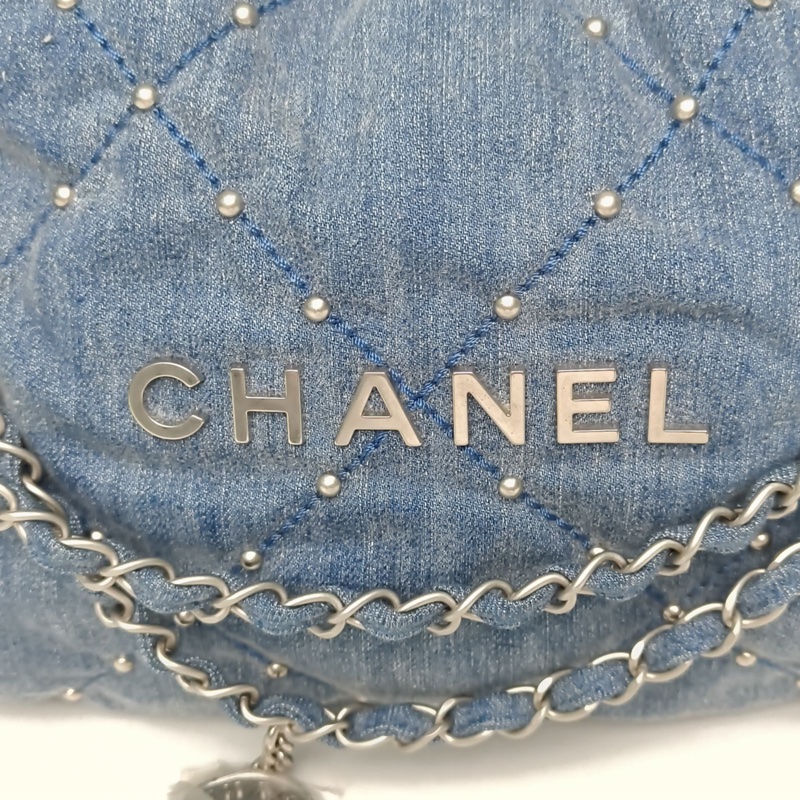 CHANEL 22BagTote托特包小號藍色牛仔晶片開銀扣肩背包-4