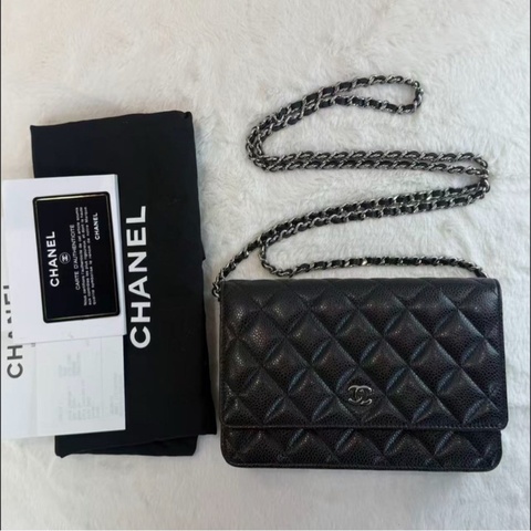 CHANEL/香奈兒 WOC發財包口蓋包 黑色銀logo 荔枝紋牛皮 菱格皮穿鏈  經典款鏈條包麻將包單肩包 女款