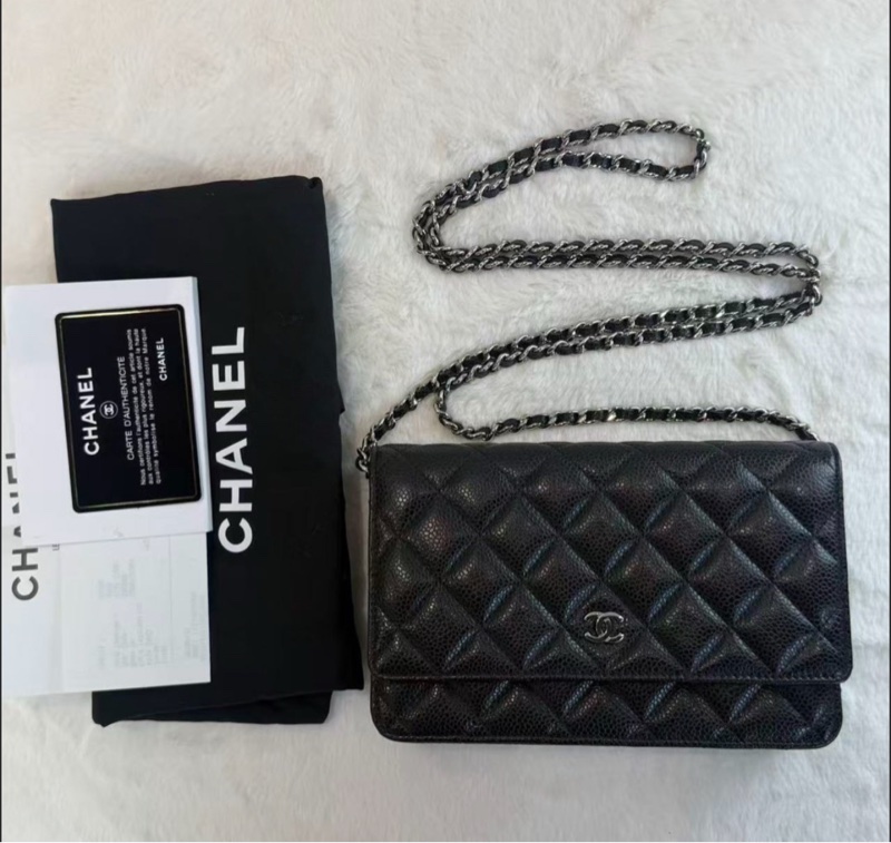 CHANEL/香奈兒 WOC發財包口蓋包 黑色銀logo 荔枝紋牛皮 菱格皮穿鏈  經典款鏈條包麻將包單肩包 女款-0