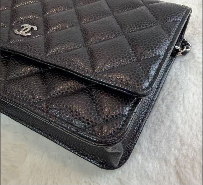 CHANEL/香奈兒 WOC發財包口蓋包 黑色銀logo 荔枝紋牛皮 菱格皮穿鏈  經典款鏈條包麻將包單肩包 女款-1