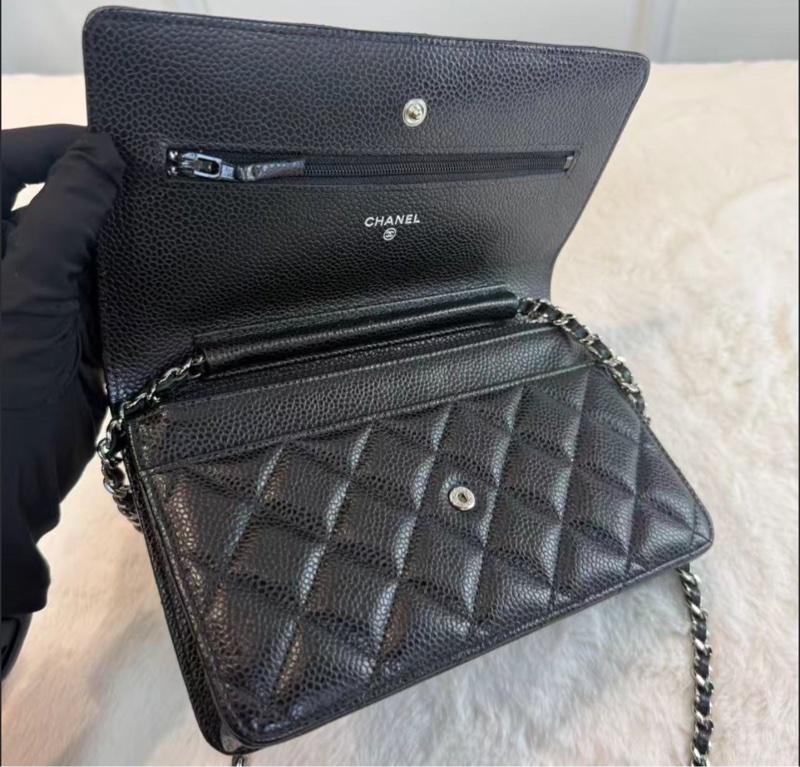 CHANEL/香奈兒 WOC發財包口蓋包 黑色銀logo 荔枝紋牛皮 菱格皮穿鏈  經典款鏈條包麻將包單肩包 女款-5