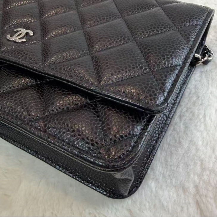 CHANEL/香奈兒 WOC發財包口蓋包 黑色銀logo 荔枝紋牛皮 菱格皮穿鏈  經典款鏈條包麻將包單肩包 女款-7