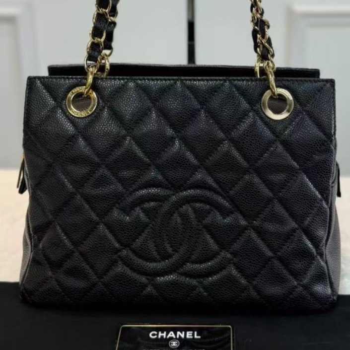 Chanel/香奈兒 黑金荔枝紋牛皮PPT托特包 經典菱格紋 大logo通勤百搭 大容量購物袋 女款-5