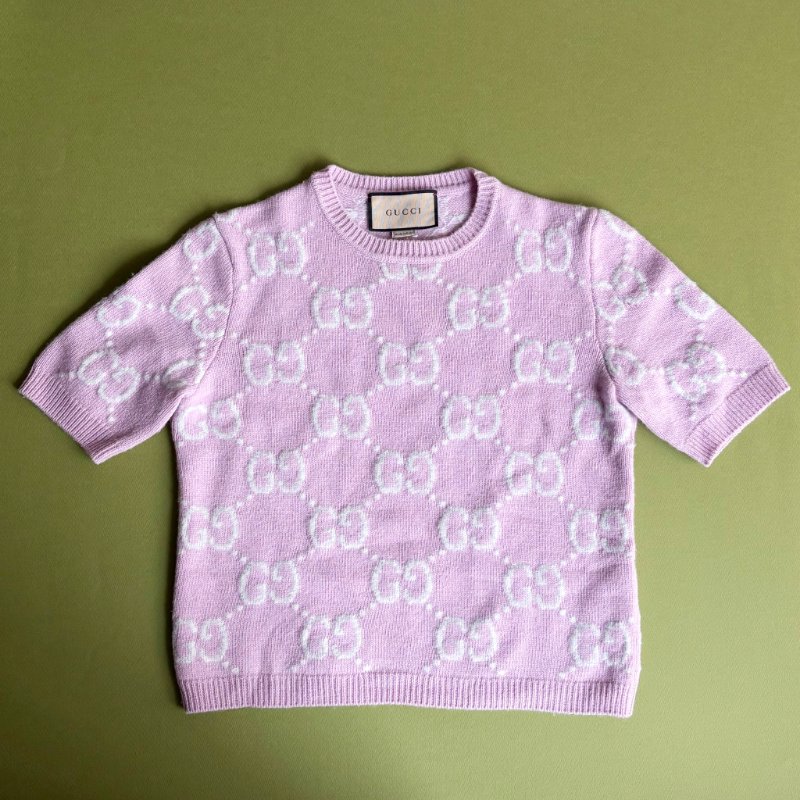 專櫃新款 ::GUCCI:: GG knit wool top in pink 白雙G滿版粉色羊毛圓領上衣-1