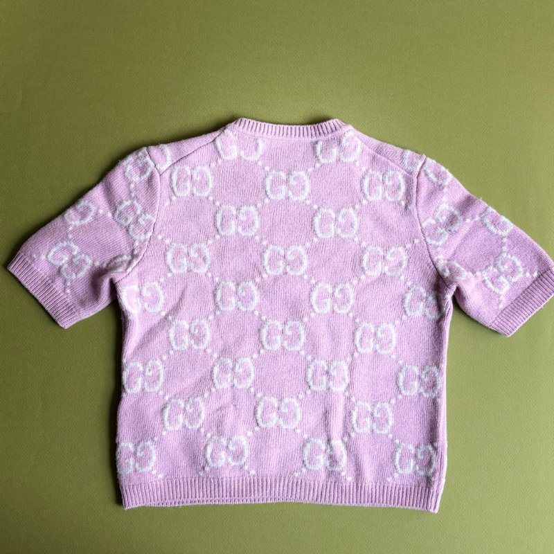 專櫃新款 ::GUCCI:: GG knit wool top in pink 白雙G滿版粉色羊毛圓領上衣-2