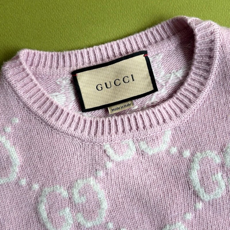 專櫃新款 ::GUCCI:: GG knit wool top in pink 白雙G滿版粉色羊毛圓領上衣-3