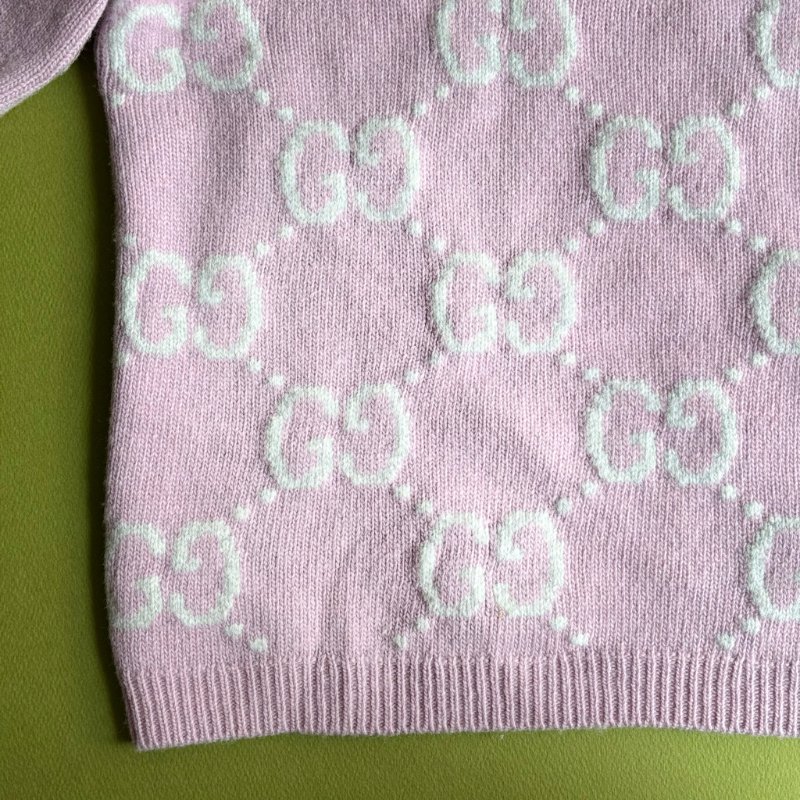 專櫃新款 ::GUCCI:: GG knit wool top in pink 白雙G滿版粉色羊毛圓領上衣-6