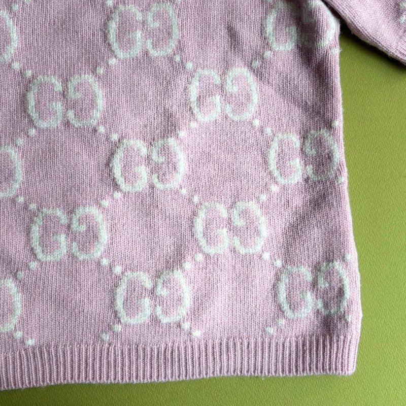 專櫃新款 ::GUCCI:: GG knit wool top in pink 白雙G滿版粉色羊毛圓領上衣-7