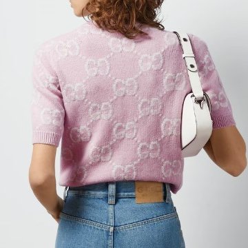 專櫃新款 ::GUCCI:: GG knit wool top in pink 白雙G滿版粉色羊毛圓領上衣-0