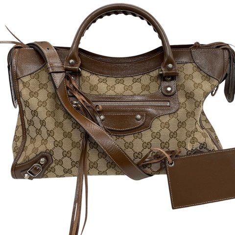 GUCCI×BALENCIAGA 古馳×巴黎世家 The Hacker Project 681695 THE CITY 機車包 GG帆布老花 棕色 銀釦