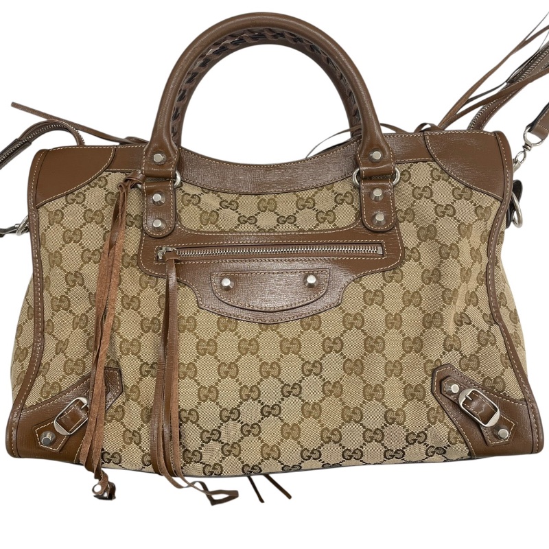 GUCCI×BALENCIAGA 古馳×巴黎世家 The Hacker Project 681695 THE CITY 機車包 GG帆布老花 棕色 銀釦-1