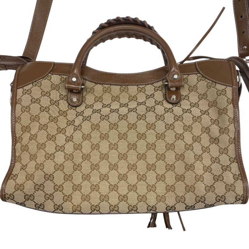 GUCCI×BALENCIAGA 古馳×巴黎世家 The Hacker Project 681695 THE CITY 機車包 GG帆布老花 棕色 銀釦-2