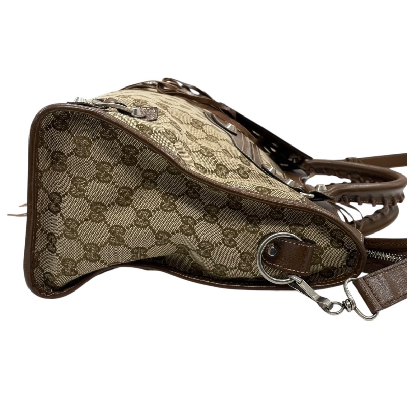 GUCCI×BALENCIAGA 古馳×巴黎世家 The Hacker Project 681695 THE CITY 機車包 GG帆布老花 棕色 銀釦-4