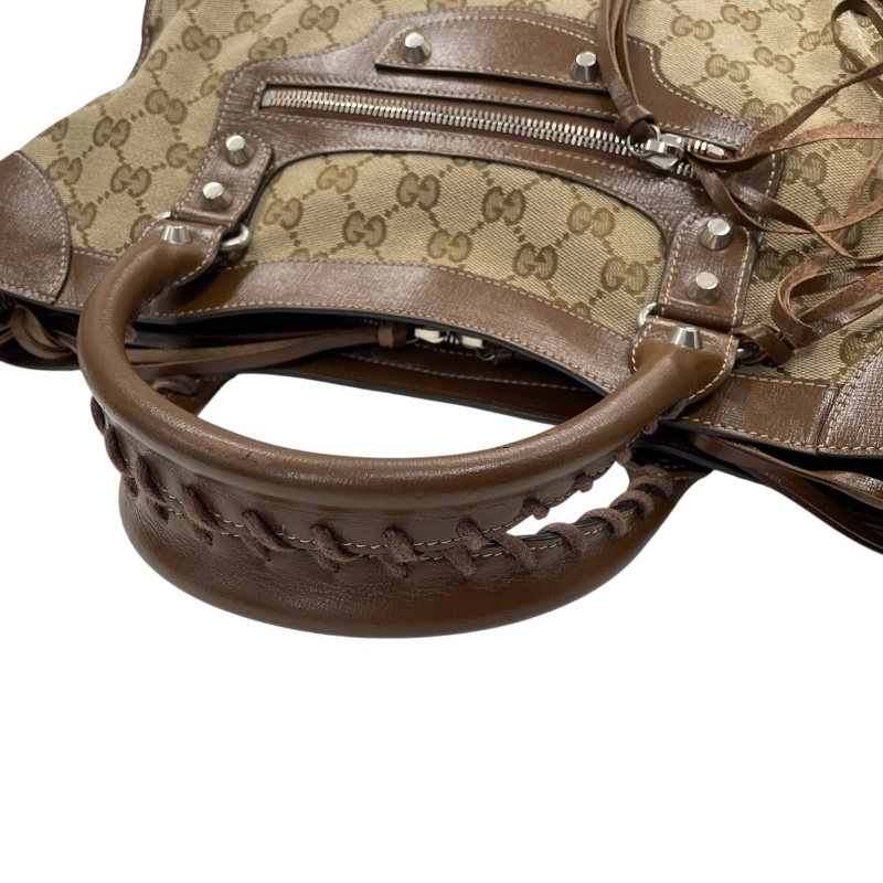 GUCCI×BALENCIAGA 古馳×巴黎世家 The Hacker Project 681695 THE CITY 機車包 GG帆布老花 棕色 銀釦-10