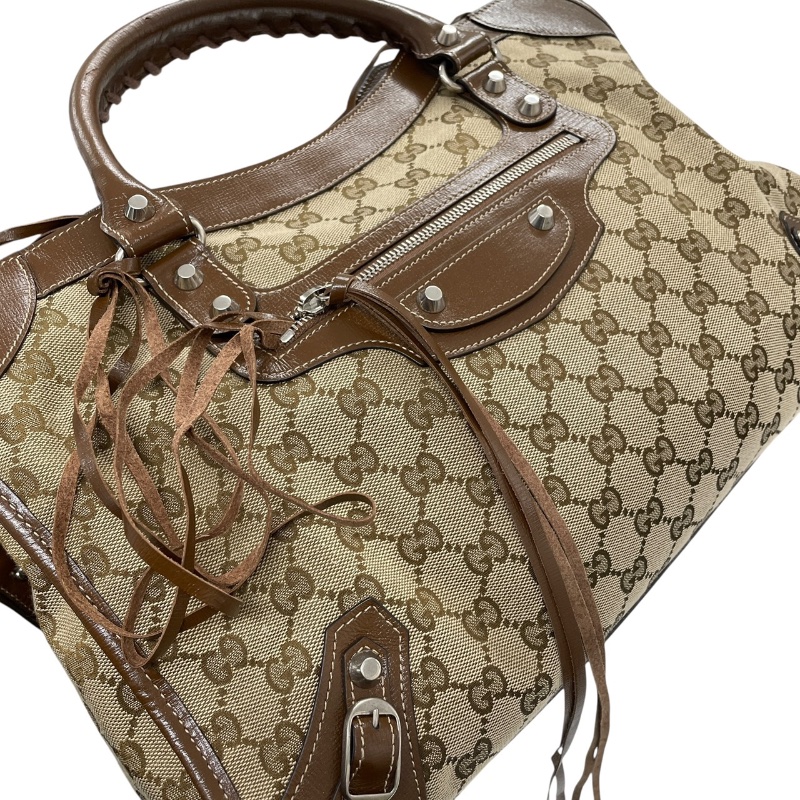 GUCCI×BALENCIAGA 古馳×巴黎世家 The Hacker Project 681695 THE CITY 機車包 GG帆布老花 棕色 銀釦-11