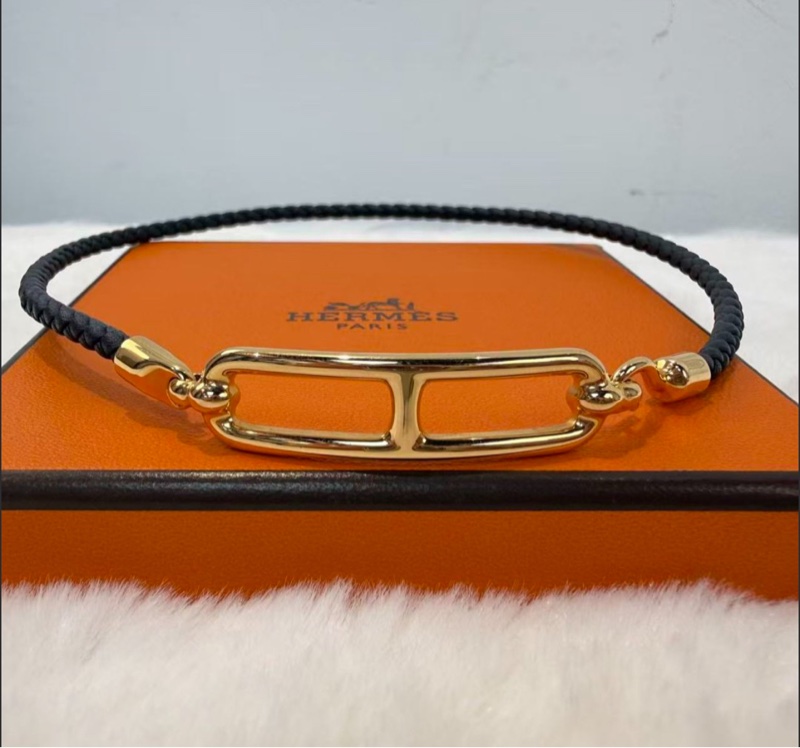 Hermes愛馬仕手繩 H豬鼻子標識 黑金 雙層皮手環 Choker兩用經典款時尚飾品-2