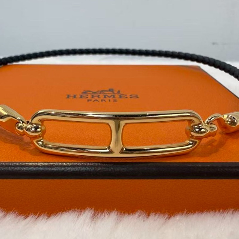 Hermes愛馬仕手繩 H豬鼻子標識 黑金 雙層皮手環 Choker兩用經典款時尚飾品-4