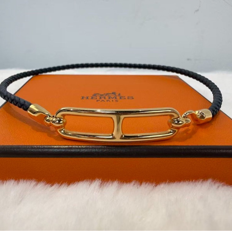 Hermes愛馬仕手繩 H豬鼻子標識 黑金 雙層皮手環 Choker兩用經典款時尚飾品-5