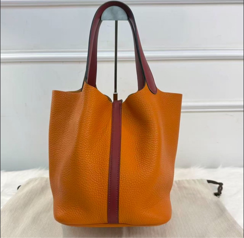 HERMES愛馬仕Picotin22 菜籃子22水桶包 橙色包身酒紅色手柄 銀扣 TC小公牛皮 經典女士手提購物袋 X刻-1