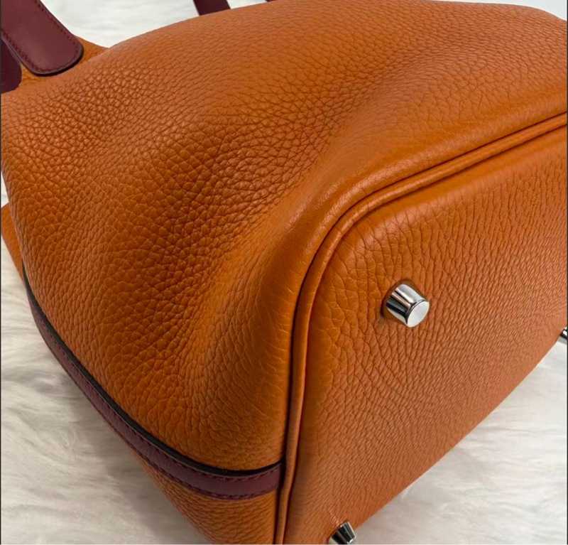 HERMES愛馬仕Picotin22 菜籃子22水桶包 橙色包身酒紅色手柄 銀扣 TC小公牛皮 經典女士手提購物袋 X刻-2