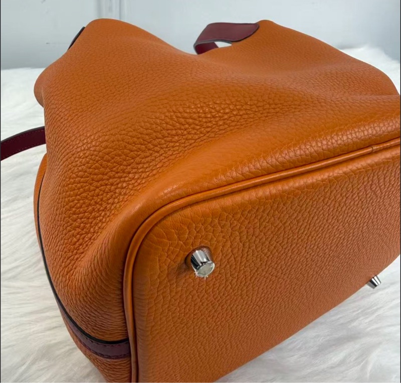 HERMES愛馬仕Picotin22 菜籃子22水桶包 橙色包身酒紅色手柄 銀扣 TC小公牛皮 經典女士手提購物袋 X刻-3