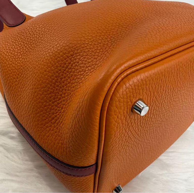 HERMES愛馬仕Picotin22 菜籃子22水桶包 橙色包身酒紅色手柄 銀扣 TC小公牛皮 經典女士手提購物袋 X刻-6