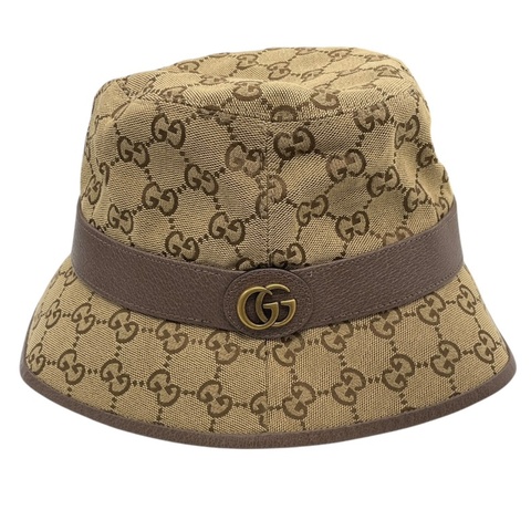 GUCCI 古馳 576587 漁夫帽 GG帆布老花 棕色 金釦 Ｍ號