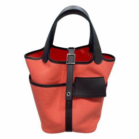 HERMES PICOTIN LOCK 18 手提包 帆布拼皮 粉橘色／咖啡色 銀色金具