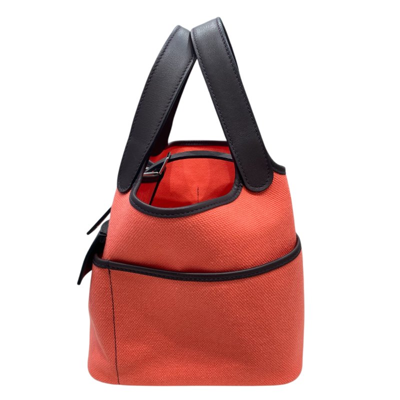 HERMES PICOTIN LOCK 18 手提包 帆布拼皮 粉橘色／咖啡色 銀色金具-2