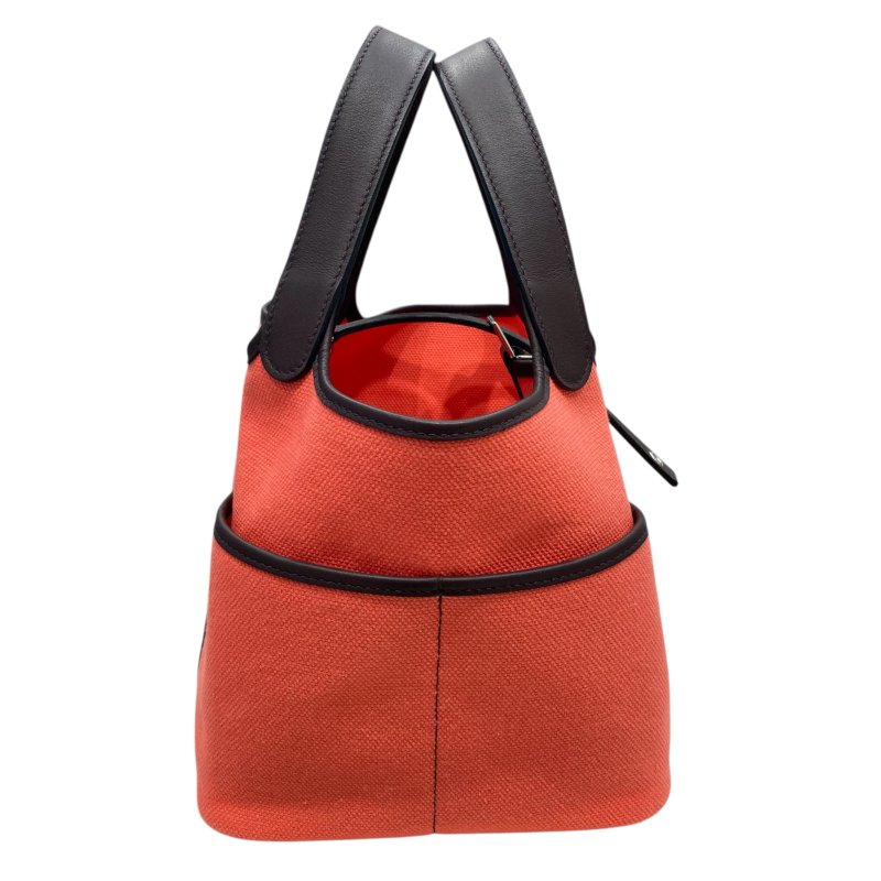 HERMES PICOTIN LOCK 18 手提包 帆布拼皮 粉橘色／咖啡色 銀色金具-3