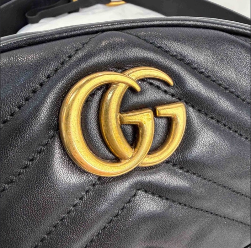 GUCCI古馳 GG Marmont 馬蒙黑色金標Logo 絎縫牛皮 單肩斜挎包胸包腰包 常規 女款-1